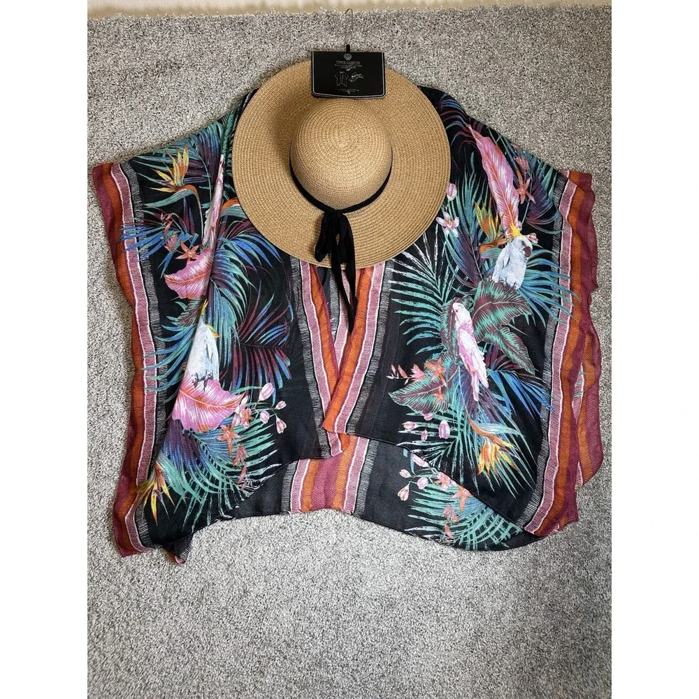 Vince Camuto Ruana Wrap Floppy Hat Set Tropical Floral Cover Up NWT Beach